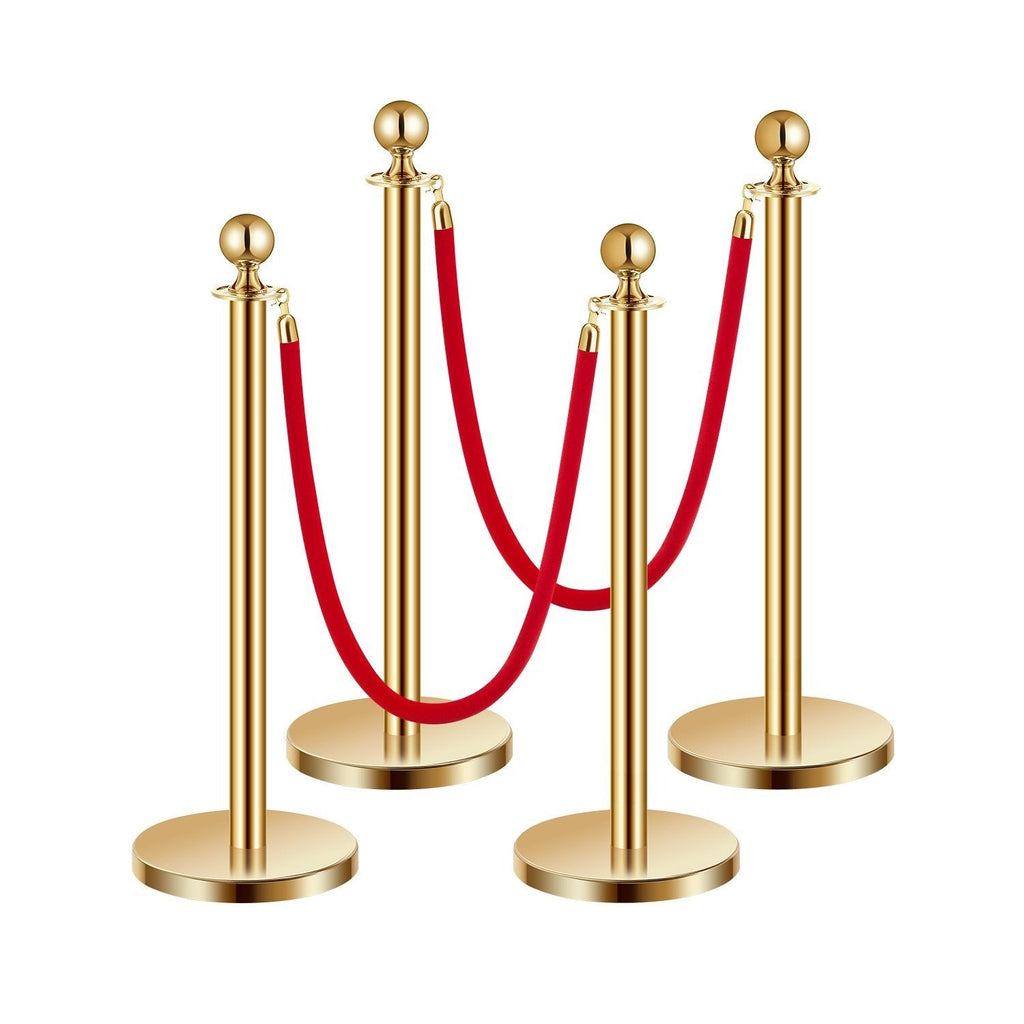 Stanchion Posts with Red Velvet Rope Set - Gold Crowd Control Barrier, 201 Stainless Steel Queue Poles with Sand-Fillable Base & 4-Way Connectors, for Wedding Event Party Museum Hotel, 4/6/8 Pcs