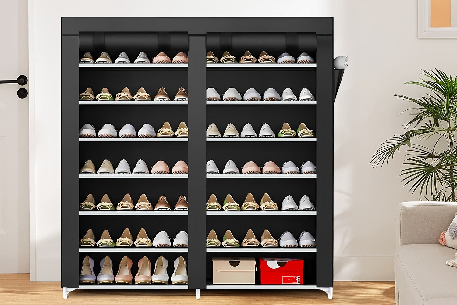 Shoe Rack Organizer 9 Tier Double Row Large Capacity Holds 42 Pairs Nonwoven Fabric Dust Cover Portable Shoe Cabinet Space Saving Easy Assembly for Home Bedroom Closet Dormitory Black