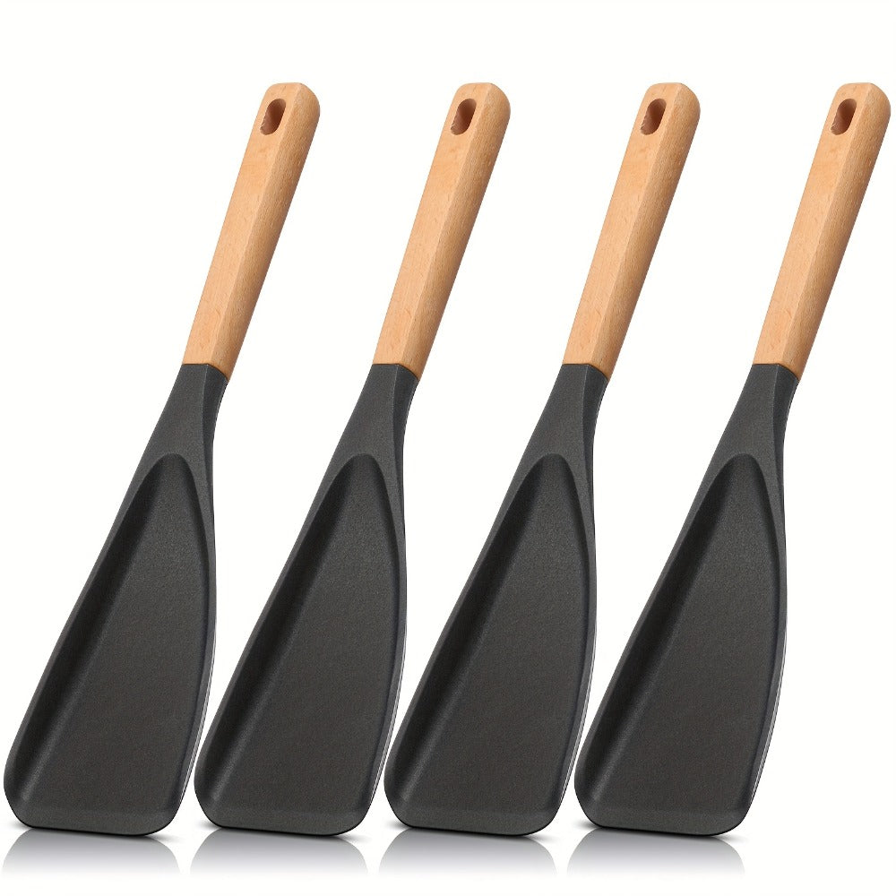 Silicone Cooking Spoon with Wooden Handle 12 Inch - Heat Resistant Nonstick Safe Kitchen Spoon for Cooking Serving Mixing Scraping, BPA Free Silicone Utensil, Black, 2 or 4 Pack