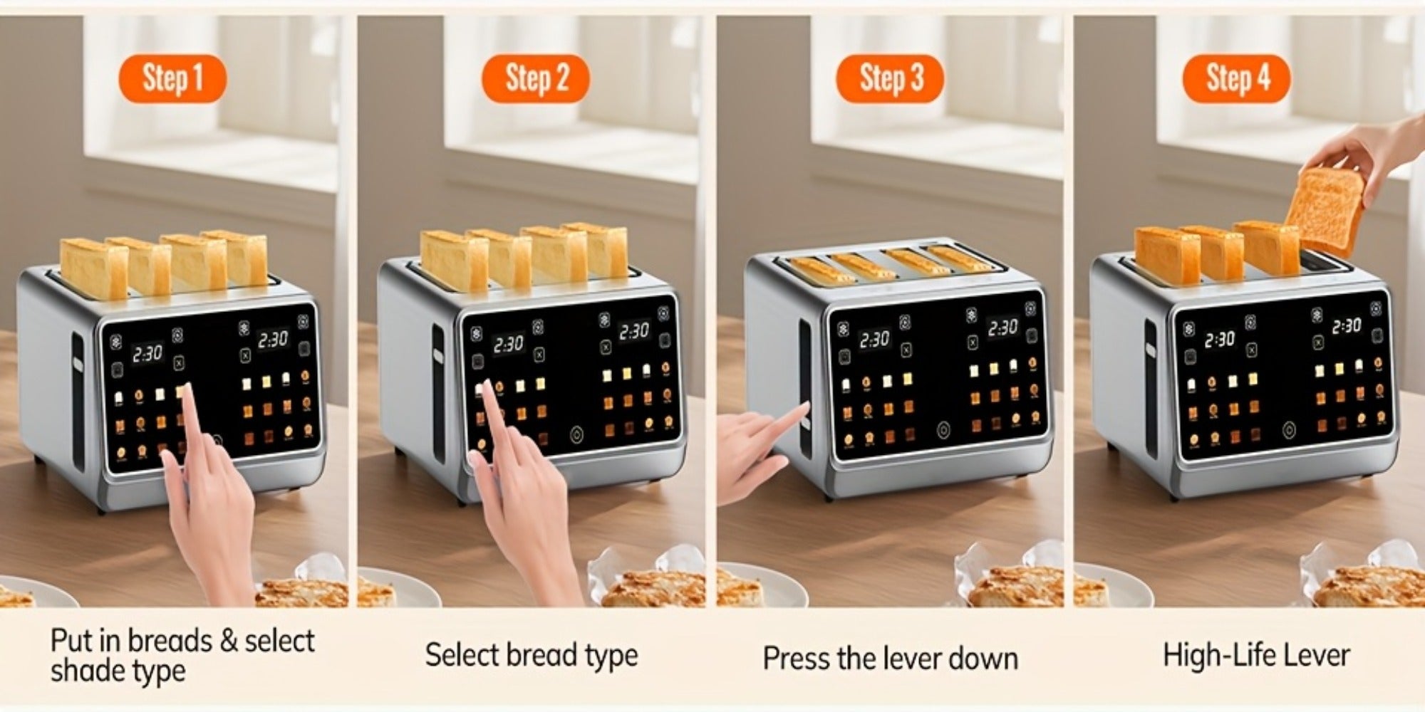 4-Slice Digital Smart Toaster with Touchscreen | Dual Control Panel, Single Slot Toasting, Timer, Reheat & Defrost Functions for Bagels, Bread & Waffles ¨C Stainless Steel Kitchen Essential