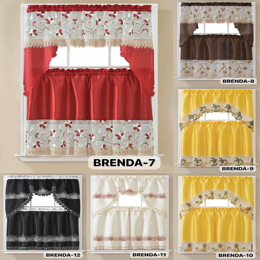 Kitchen Curtains 3 Piece Set Embroidered Satin Valance and Tiers - Rod Pocket Light Filtering Machine Washable 46 Colors Available All Season Home Decor