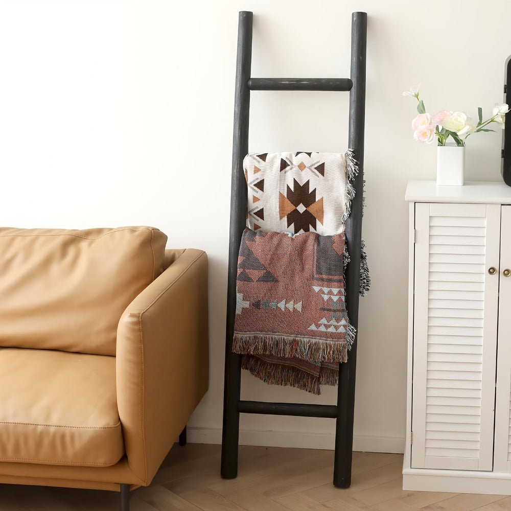 Blanket Ladder 57 Inch Wood Freestanding Farmhouse Quilt & Towel Display Rack - Rustic Wooden Wall Leaning Holder for Living Room, Bedroom & Bathroom Decor, Available in Brown, Black & White