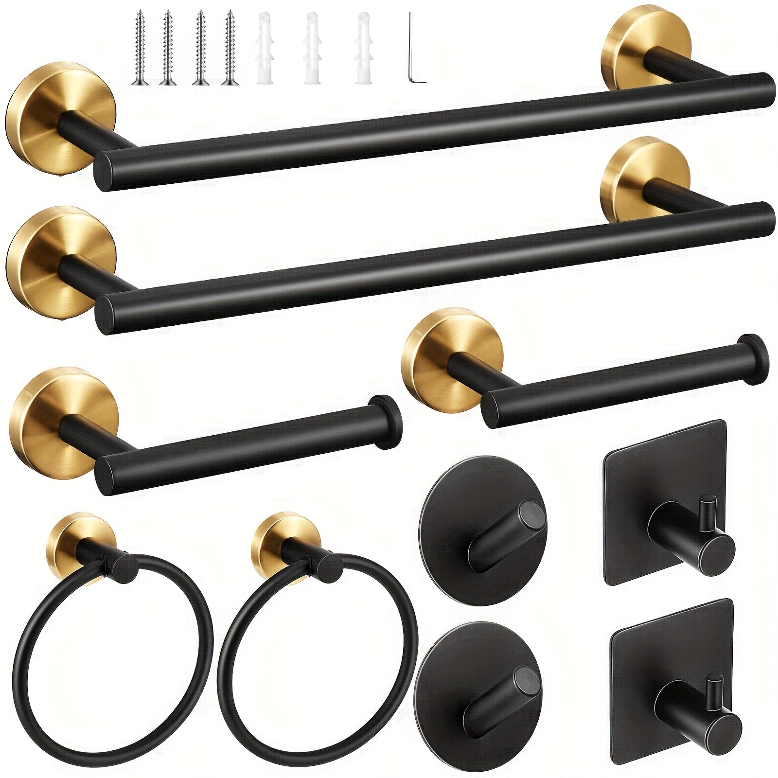 10-Piece Bathroom Hardware Set SUS304 Stainless Steel Wall Mounted Towel Bar Toilet Paper Holder Robe Hooks Gold Black