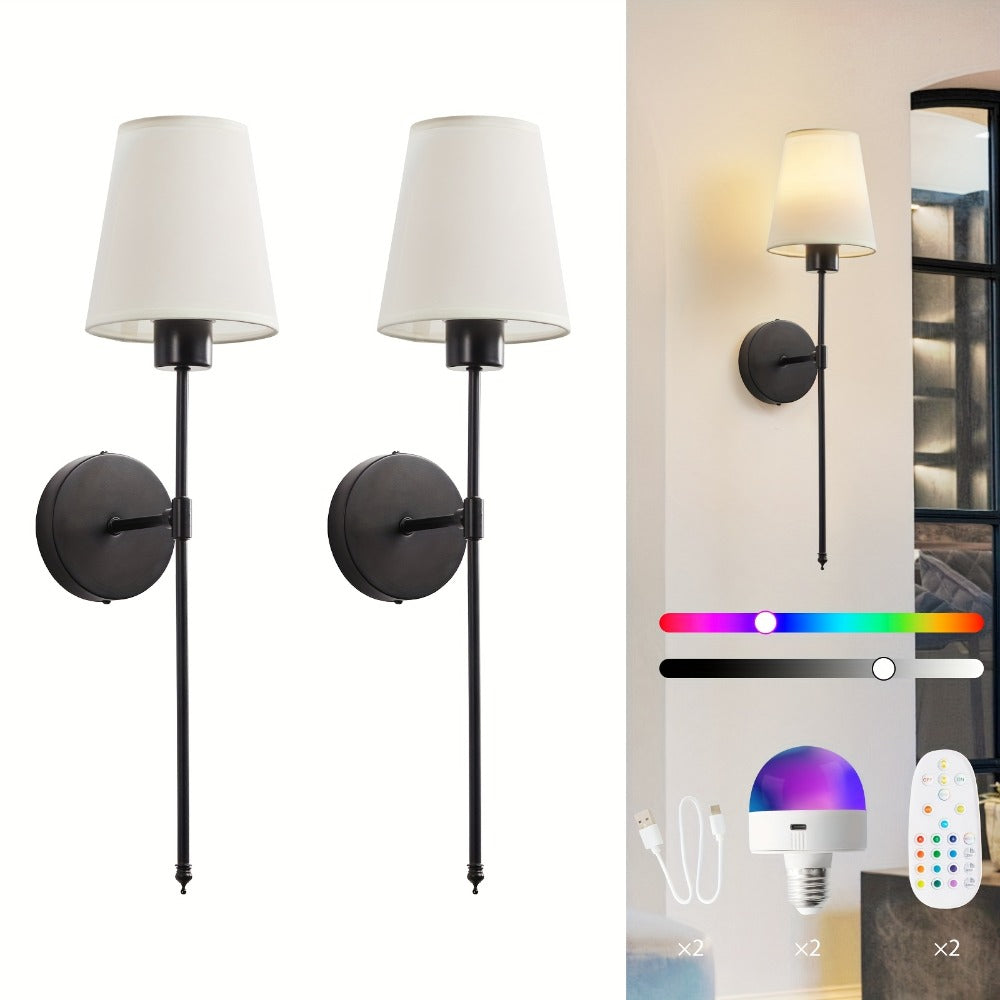 Rechargeable Wall Sconce 2-Pack RGB ¨C 15-Color Dimmable LED Wall Light with Remote Control, 5200mAh Battery, No Wiring for Bedroom, Living Room, Kitchen & Corridor (Gold / Black)
