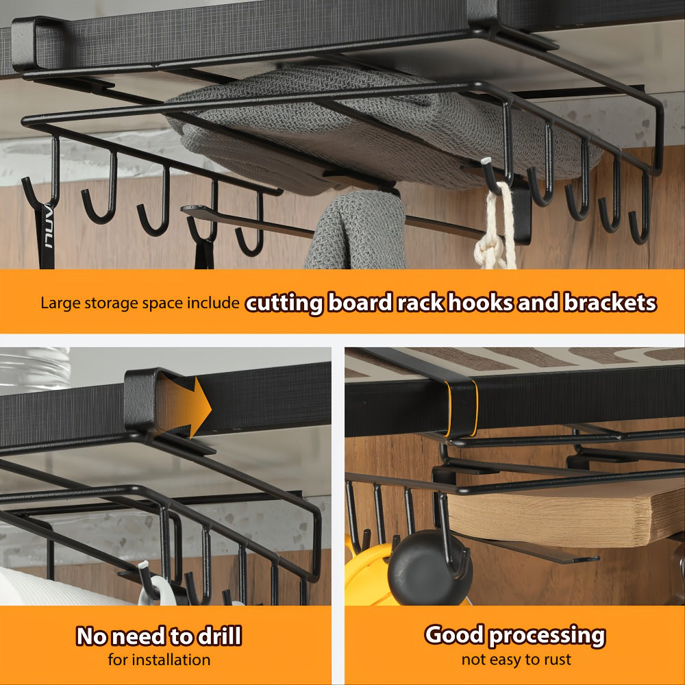 Under Cabinet Organizer Rack with Hooks ¨C Heavy Duty Carbon Steel Kitchen Shelf for Utensils, Towels, Cups & Cutting Boards ¨C No-Drill Door-Mount Space-Saving Kitchen Storage