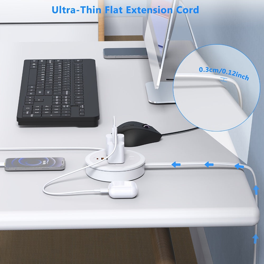 Travel Power Strip Retractable 4ft Flat Plug Extension Cord 3 Outlets 3 USB Ports 2 USB-C Compact Charging Station for Dorm Office Home Desk Travel