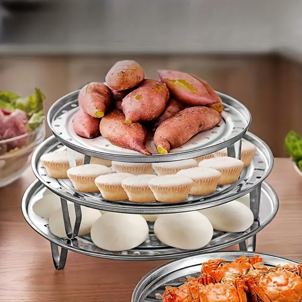Stainless Steel Steamer Rack Set 3-Piece Multi-Layer Round Steamer Insert with Can Holder ¨C Fits Most Pots for Home Kitchen | Stackable Steam Tray Cooking Rack for Vegetables Dumplings & More