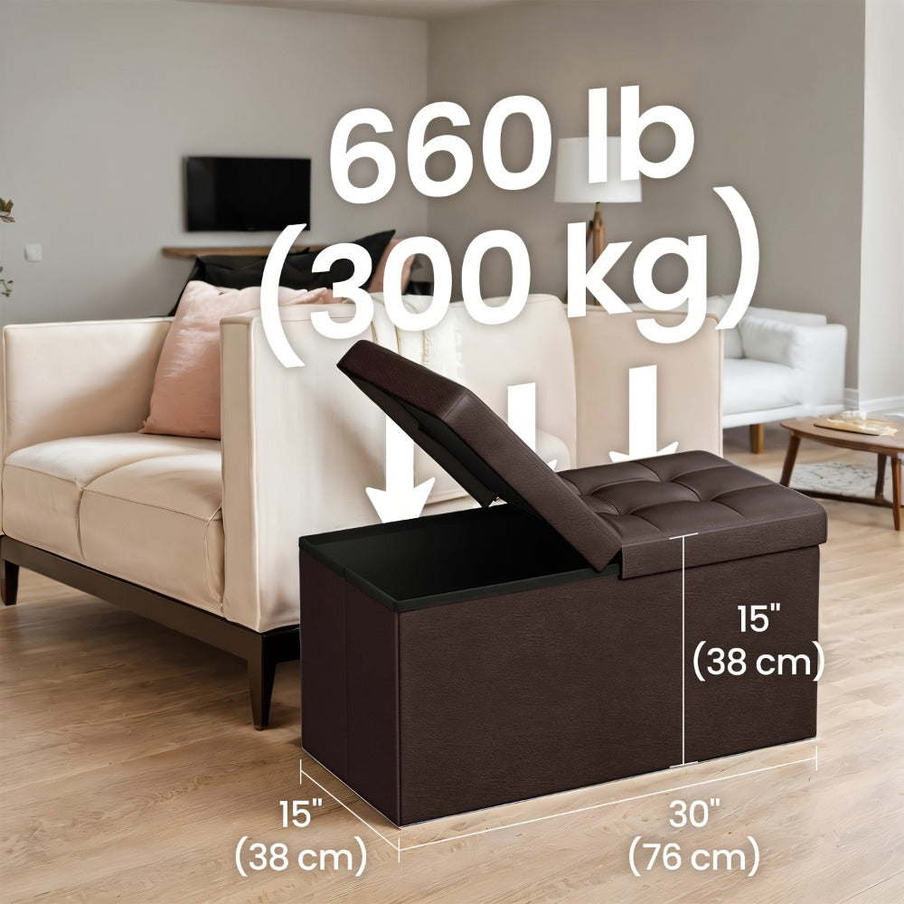 Storage Ottoman with Flip Top Lid 660lbs ¨C Foldable Faux Leather Chest Stool, 30¡± Wide Extra Seating & Blanket Storage for Entryway, Living Room & Bedroom