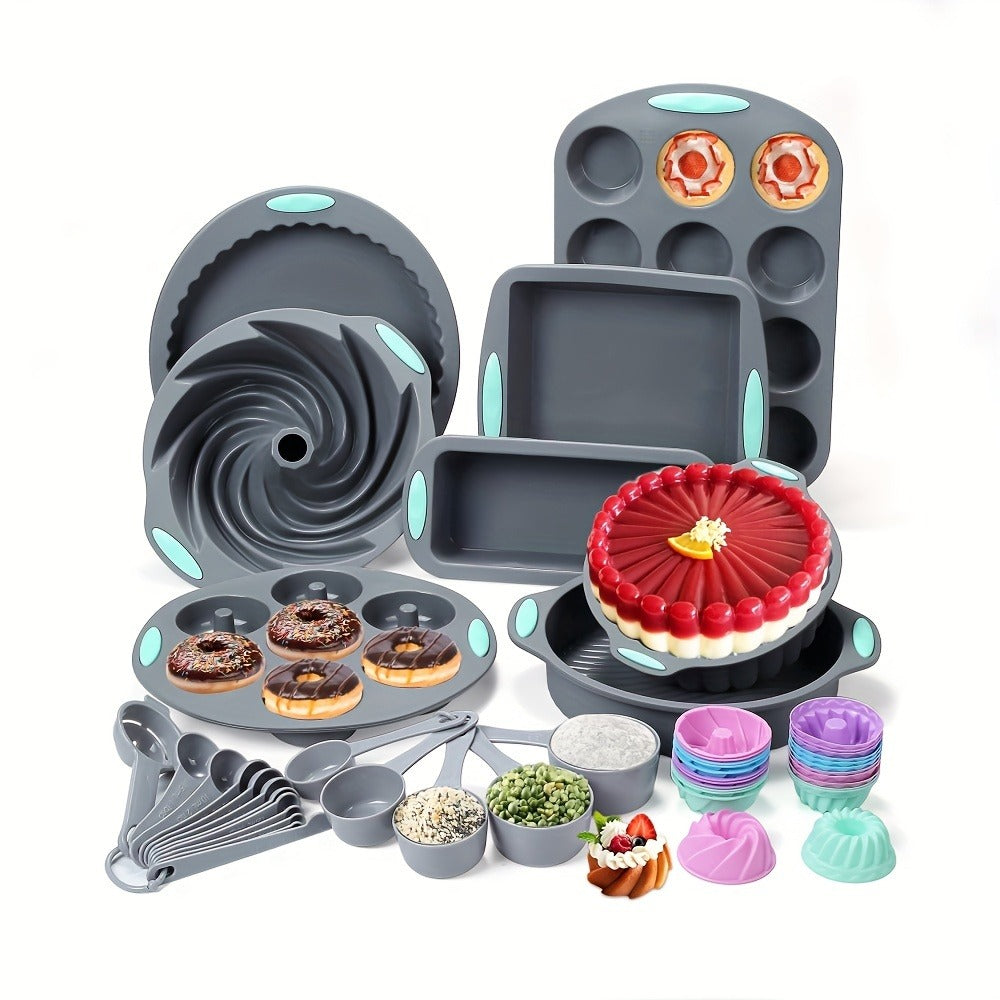 Silicone Bakeware Set with Cake Molds, Muffin Pan, Donut Pan, Baking Sheet, Baking Cups & Measuring Cups Spoons, Complete Nonstick Silicone Baking Set for Oven, 45-Piece 53-Piece or 83-Piece Options