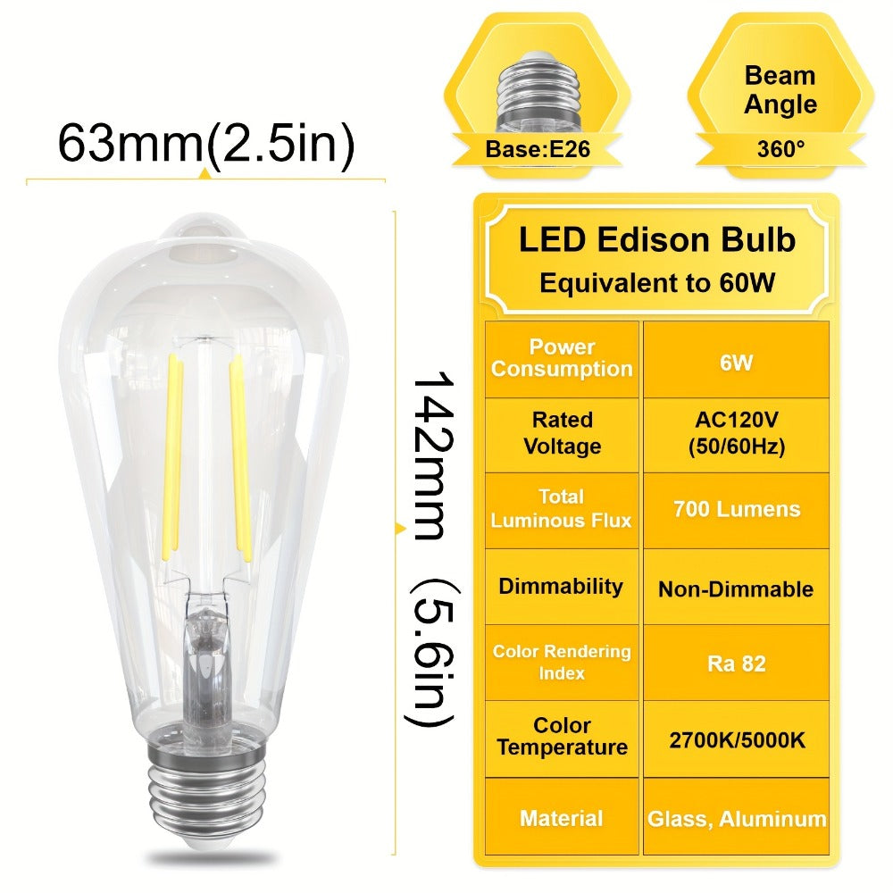 LED Edison Bulbs ST64 6 Pack 6W 60W Equivalent - E26 Vintage Filament Globe Bulb 700LM Flicker-Free Non-Dimmable, 2700K Warm White or 5000K Daylight White, 15000Hrs Lifespan for Chandelier Ceiling Fan Pendant Light Table Lamp Home Decor