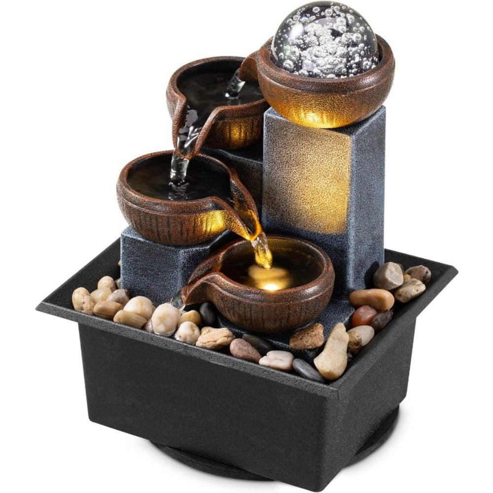 Tabletop Water Fountain Indoor ¨C 4-Level Desktop Waterfall with LED Lights & Natural River Stones, USB Powered Meditation Fountain for Home Office Relaxation, Zen Desk Decor with Bubble Balls