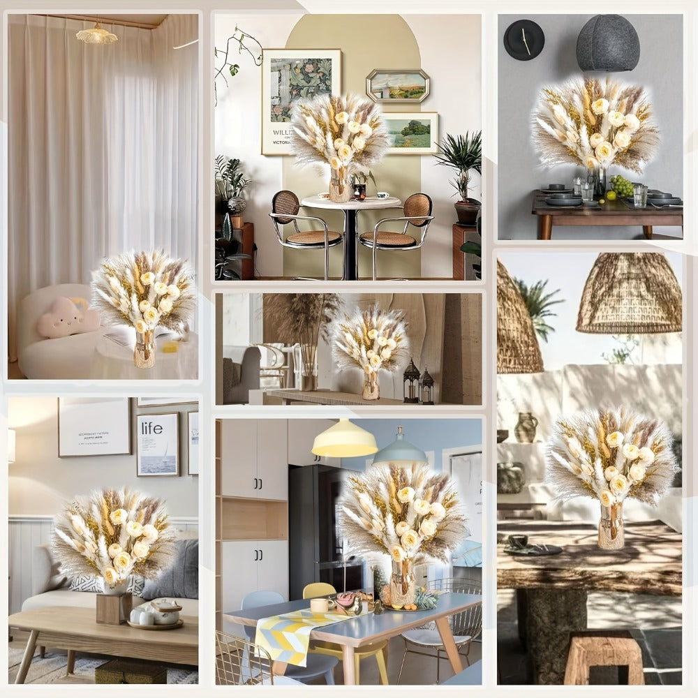 Dried Flower Bouquet Pampas Grass with Artificial White Beige Roses 51 91pcs Boho Dried Floral Arrangement for Wedding Centerpiece Farmhouse Home Table Decor Rustic Vase Filler No Maintenance