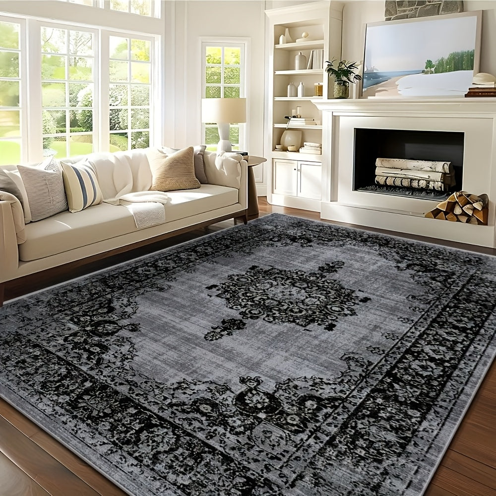 Velvet Floral Bohemian Area Rug - Low Pile Machine Washable Non-Slip Carpet for Living Room Bedroom Office Geometric Pattern