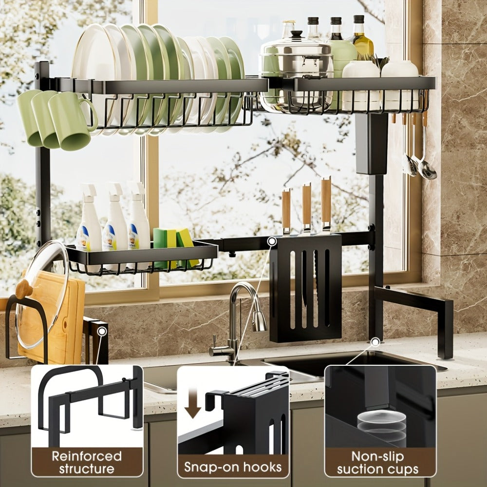 Over-the-Sink Dish Drying Rack Expandable 2-Tier 304 Stainless Steel Adjustable 30-34 Inch with Utensil Holder Knife Holder Cutting Board Holder and 5 Hooks for Kitchen