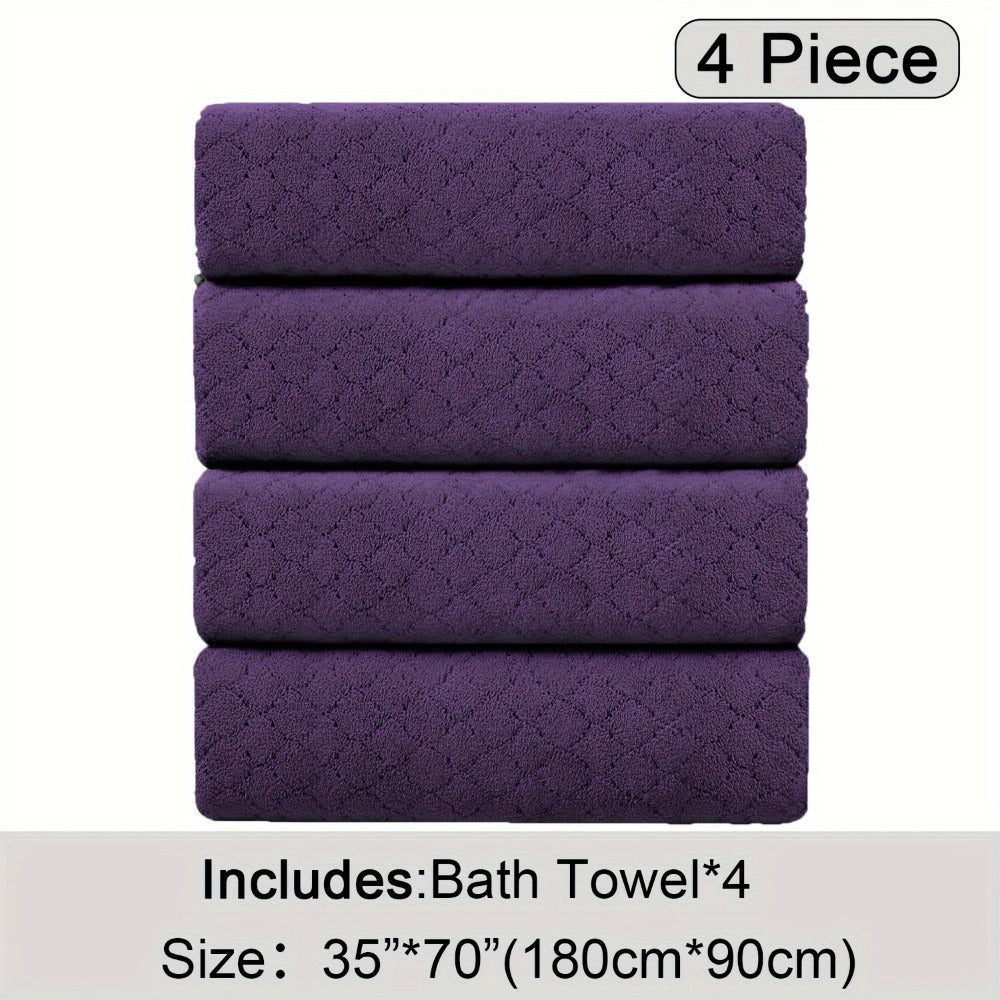 Oversized Bath Towel Set 4 Piece Diamond Pattern Microfiber - Ultra Soft Highly Absorbent Quick Dry | 10 Colors | Blue Green Black Gray Navy Orchid Brown Purple White Turquoise | Bathroom Hotel Gym Gift