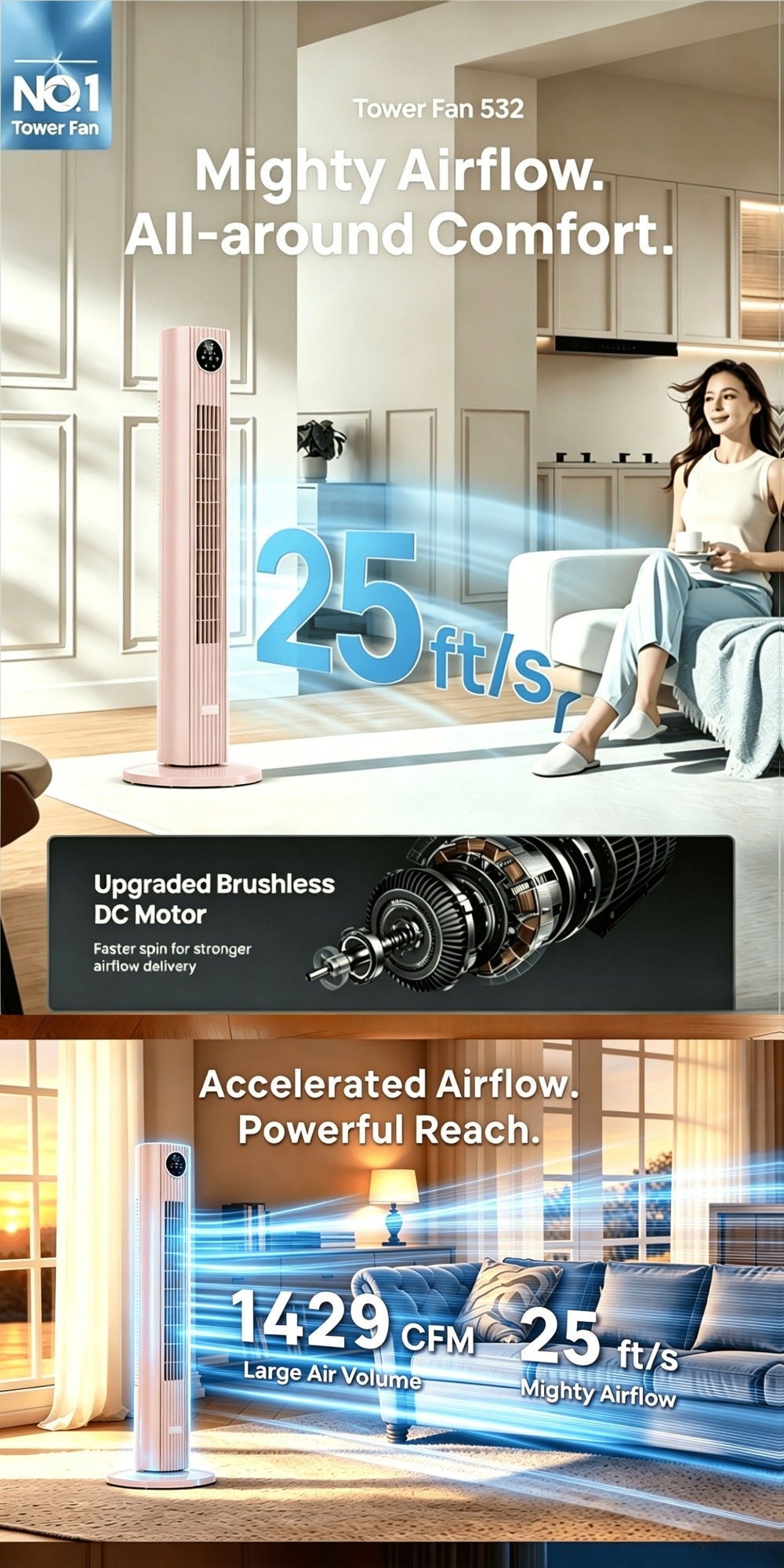 Tower Fan 35-Inch Bladeless 85¡ã Oscillating Standing Floor Fan 3-Speed Quiet Cooling with 12H Timer for Bedroom Office Living Room Home