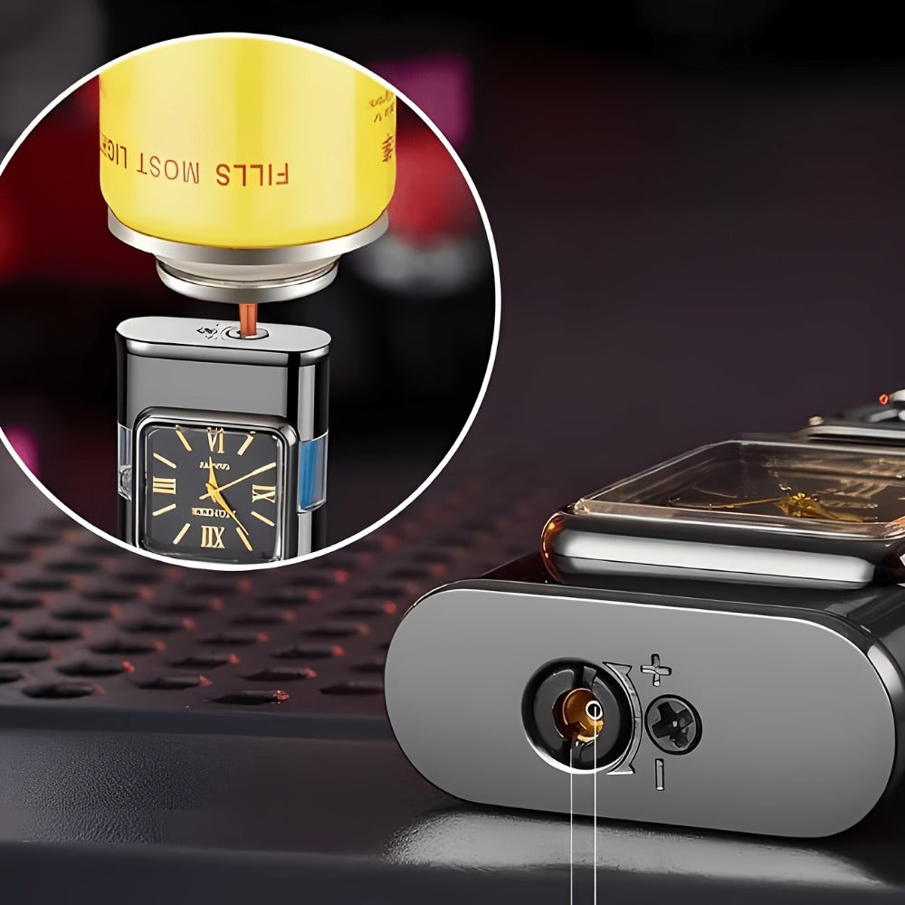 Double Flame Torch Lighter for Men ¨C Windproof Refillable Butane Lighter with Vintage Quartz Dial, Zinc Alloy Body, Gift Box Included, Outdoor Camping BBQ Survival, Unique Engraved Style (Butane Not Included)