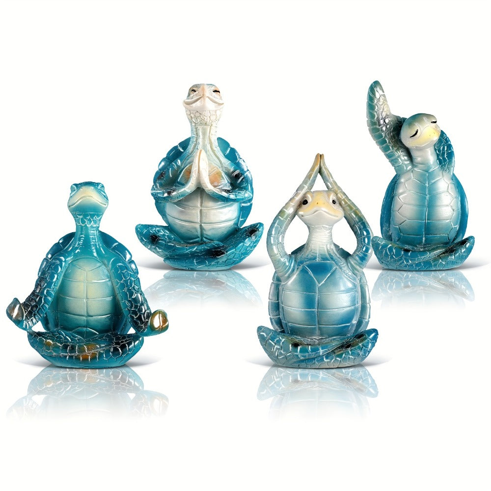 Zen Sea Turtle Statue 4-Pack | Meditating Yoga Turtle Figurines, Coastal Beach Home Decor, Bathroom Garden Ocean Theme, Indoor Outdoor Decorative Sculpture Set