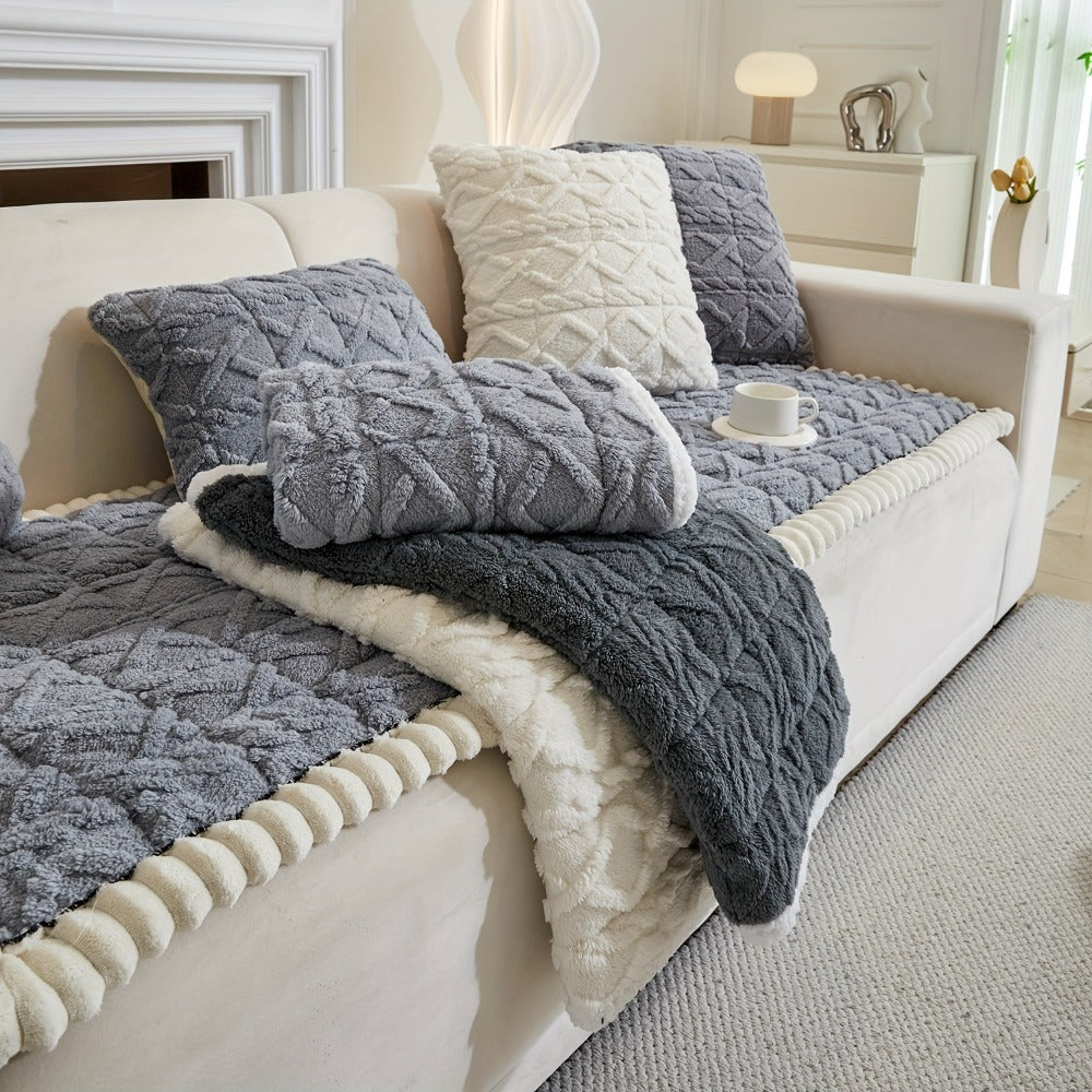 Bohemian Quilted Sofa Cover with Ruffles - 300GSM Shu Velveteen Anti-Slip Pet Friendly Machine Washable Plush Slipcover for Loveseat 3-4 Seater Sectional Sofa, 5 Colors