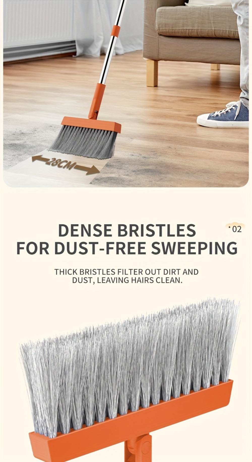 Folding Broom and Dustpan Set 50 Inch Extended Handle - Dense Elastic Bristles Wide Deep Dustpan for Dust Hair Debris, Foldable Broom for Home Kitchen Bathroom Bedroom Living Room, Blue White Black Orange Khaki