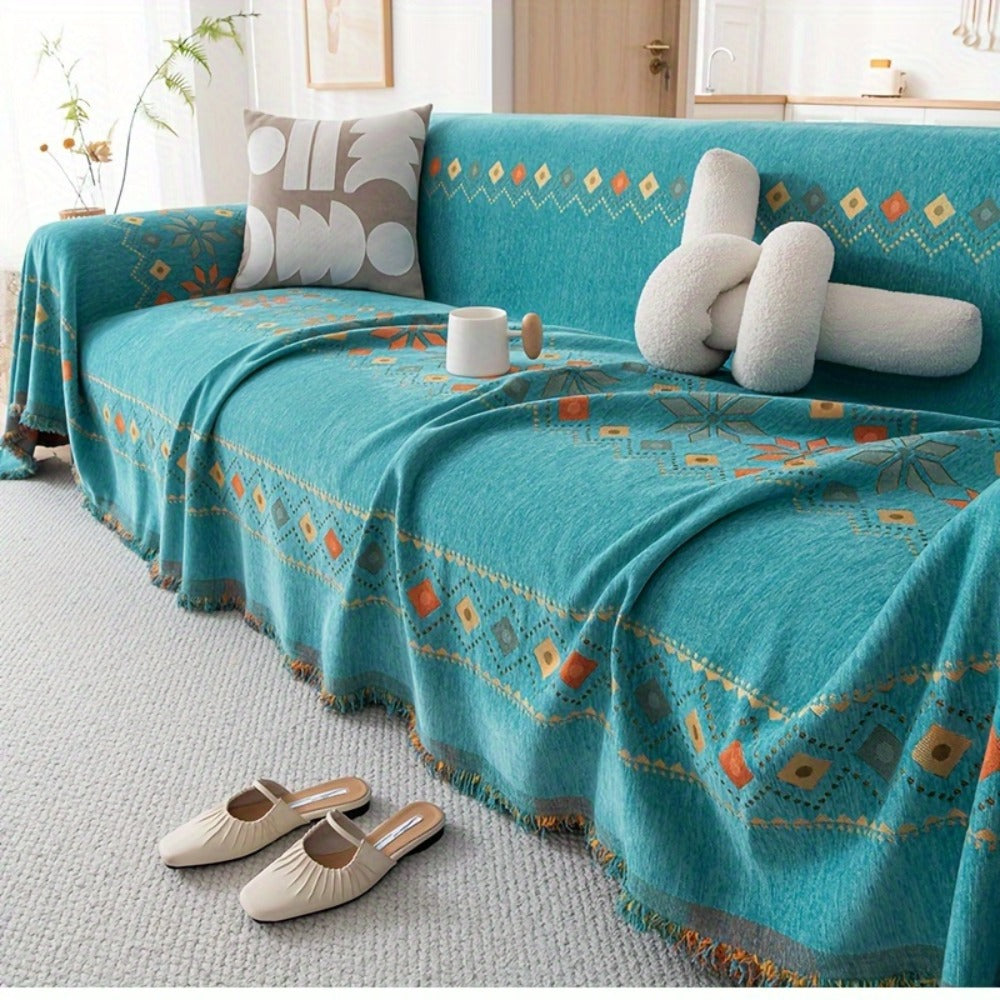 Bohemian Embroidery Chenille Sofa Cover 300GSM - Machine Washable Knit Weave Slipcover for 2 3 4 Seater Sectional Sofa No Padding, 5 Colors