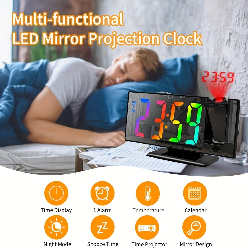 Digital Alarm Clock with LED Mirror Screen Projection Clock for Ceiling Wall Temperature Date Display Bedroom Desk Clock Large Display Home Office Bedside Clock Black