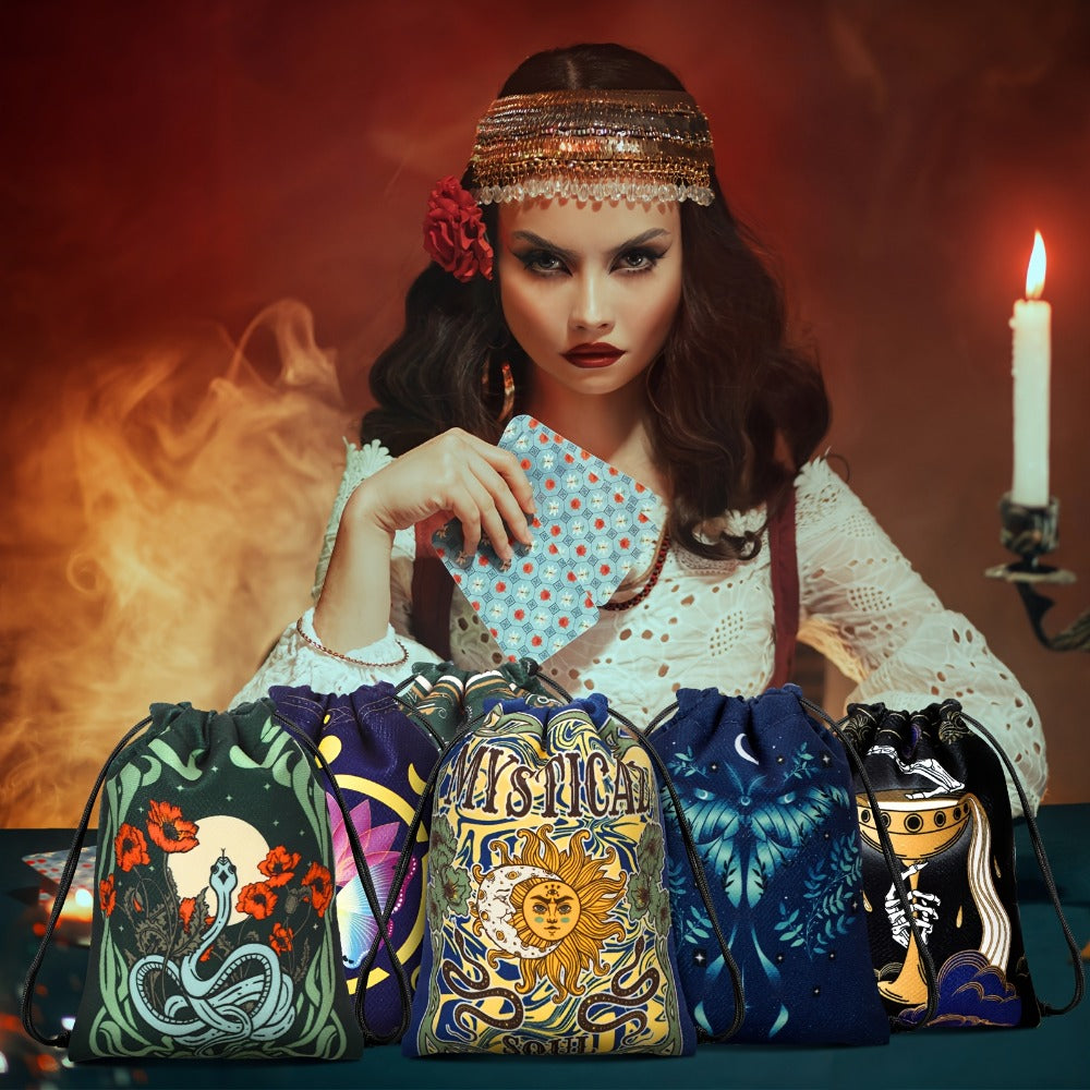 Velvet Tarot Card Bags 16 Pcs Mystical Drawstring Pouches 7.1x5.9 Inch - Dice Jewelry Storage Bag Set for Tarot Enthusiasts, Witchcraft Supplies, Halloween Christmas Gift, Crystal Pouch Organizer