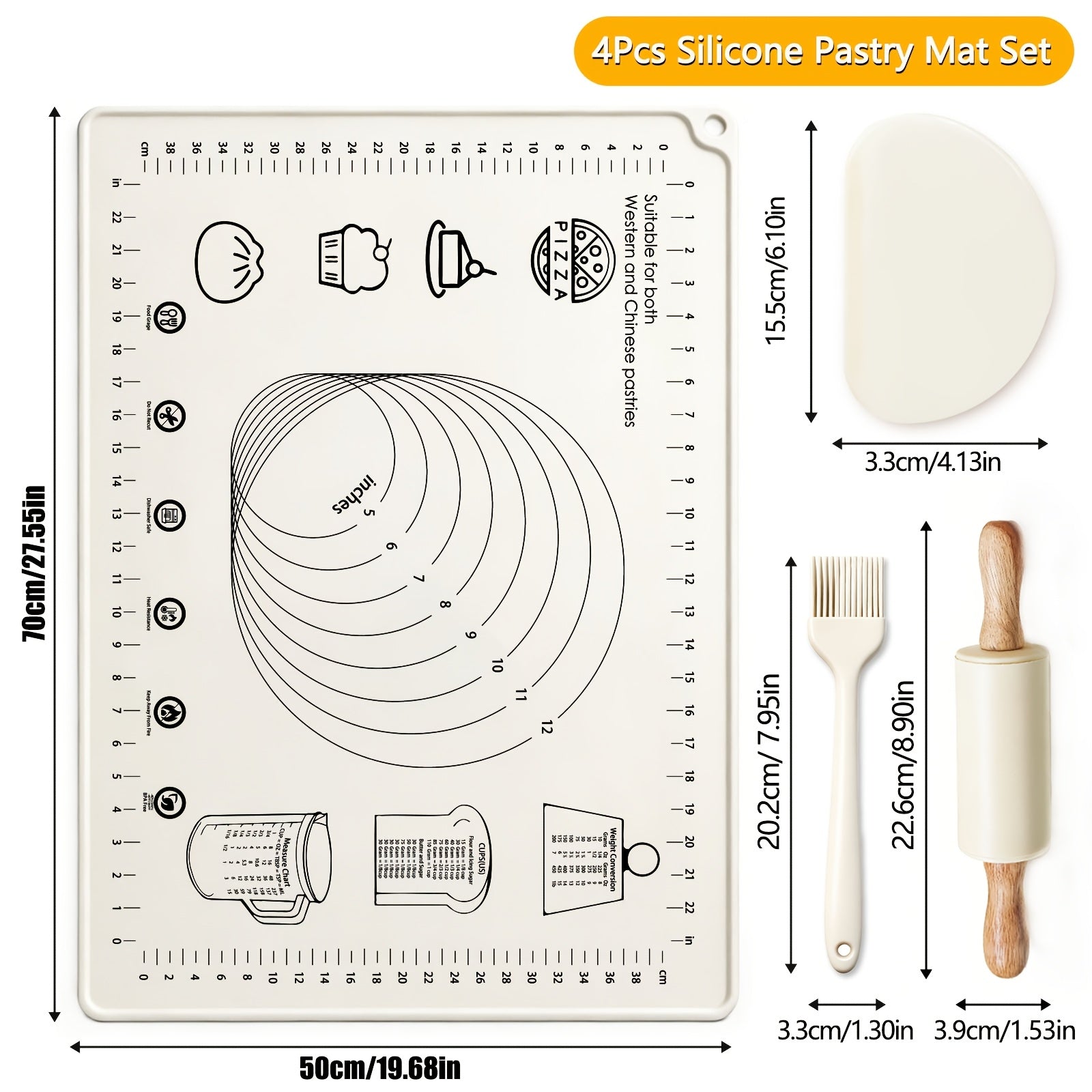 Silicone Baking Mat Set 4pcs, Extra Thick Non-Stick Pastry Mat with Measurement Scales, Non-Slip Dough Kneading Mat, Includes Rolling Pin, Dough Scraper and Storage Bag, Reusable Kitchen Baking Tools