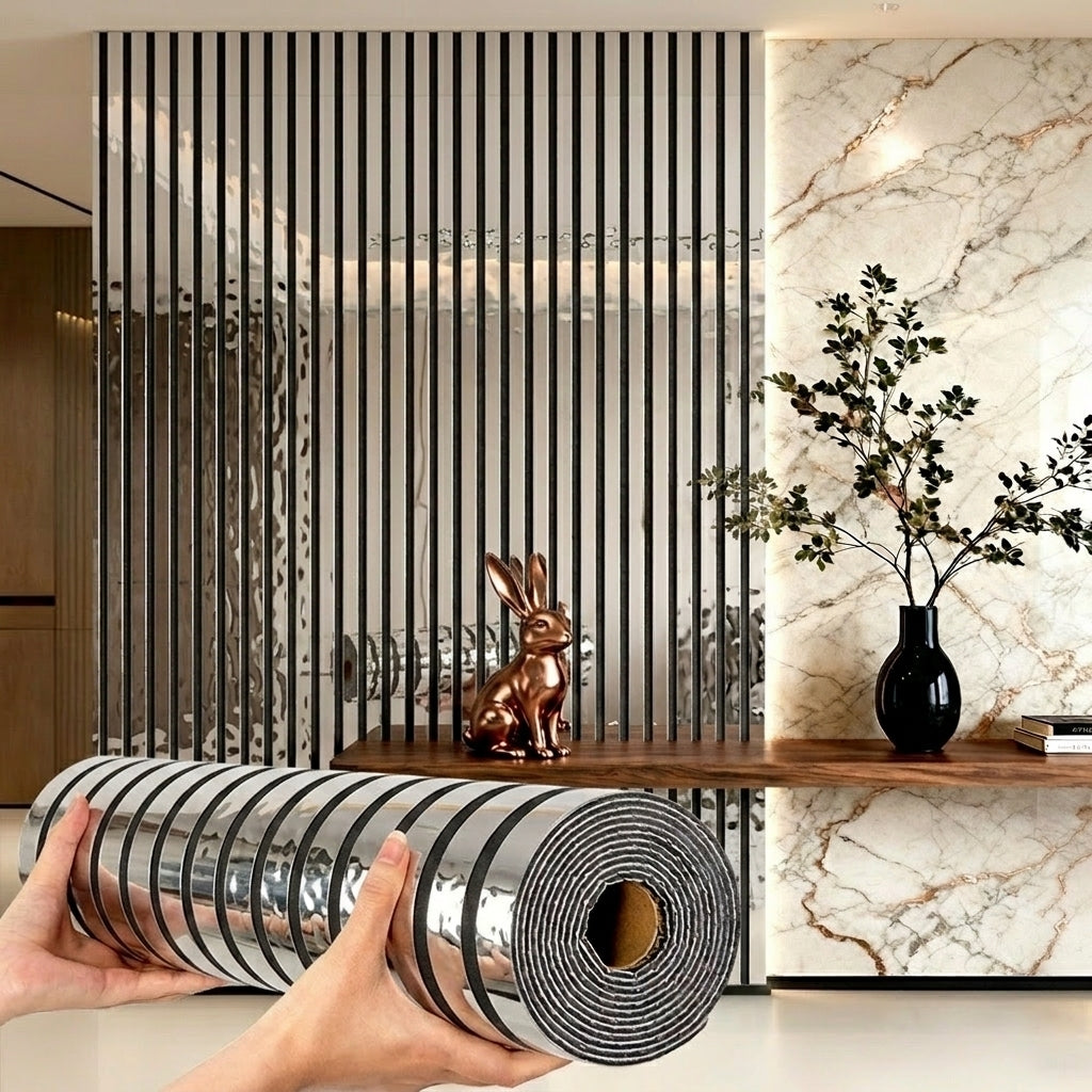 3D Mirror Slat Wall Panel Self-Adhesive Peel and Stick Gold Silver Metallic Grid Wall Sticker for TV Background Wall Ceiling Curved Edges Home Decor Art Easy Install