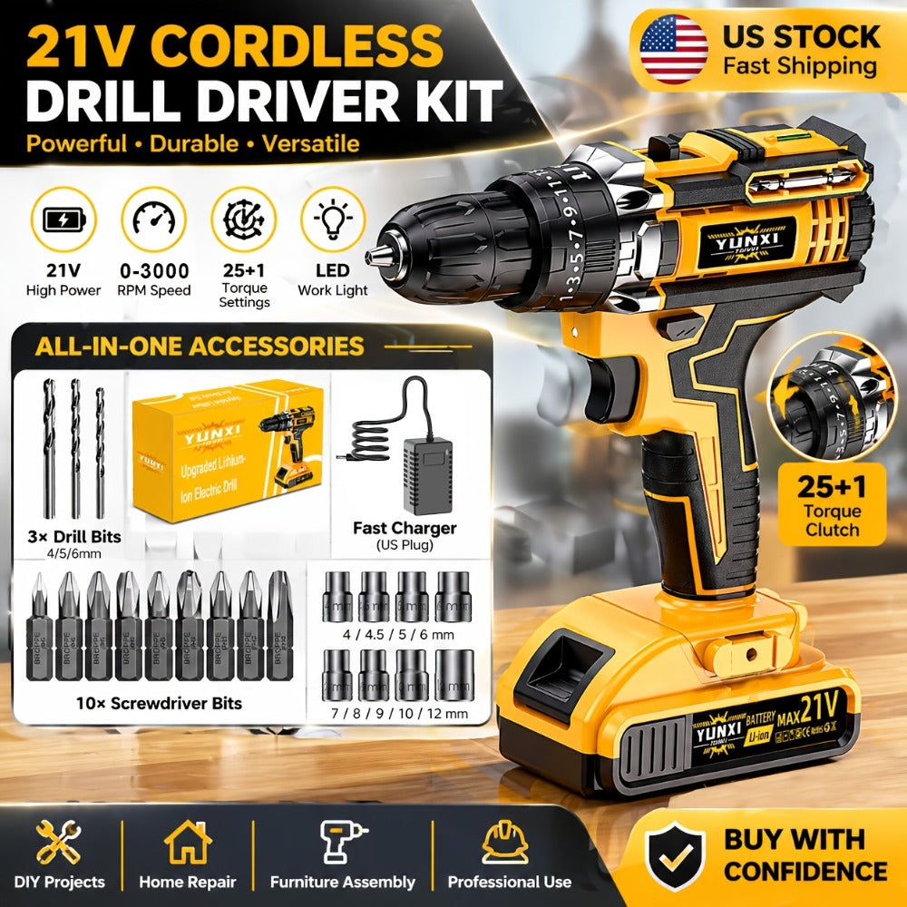 Cordless Impact Drill Set 21V ¨C Electric Power Drill with 2.0Ah Battery, Fast Charger, Screwdriver Bits, Work Light, Variable Speed & Torque Control for Home & Car Repair, Men's Gift
