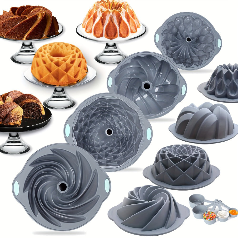 Silicone Bundt Cake Pan Set 9-Piece, Nonstick Fluted Hollow Cake Molds in Crown Nest Spiral Braided Shapes, Easy Release Silicone Baking Molds for Cakes Brownies Flan Meatloaf, Light Gray