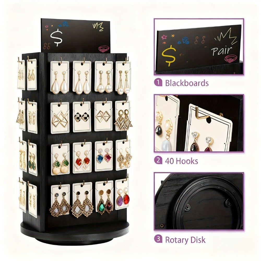 Rotating Earring Display Stand - 40-Hook Jewelry Organizer Tower, Tabletop Rack Holder with Advertising Board, Space-Saving Jewelry Storage for Earrings, Necklaces & Small Accessories
