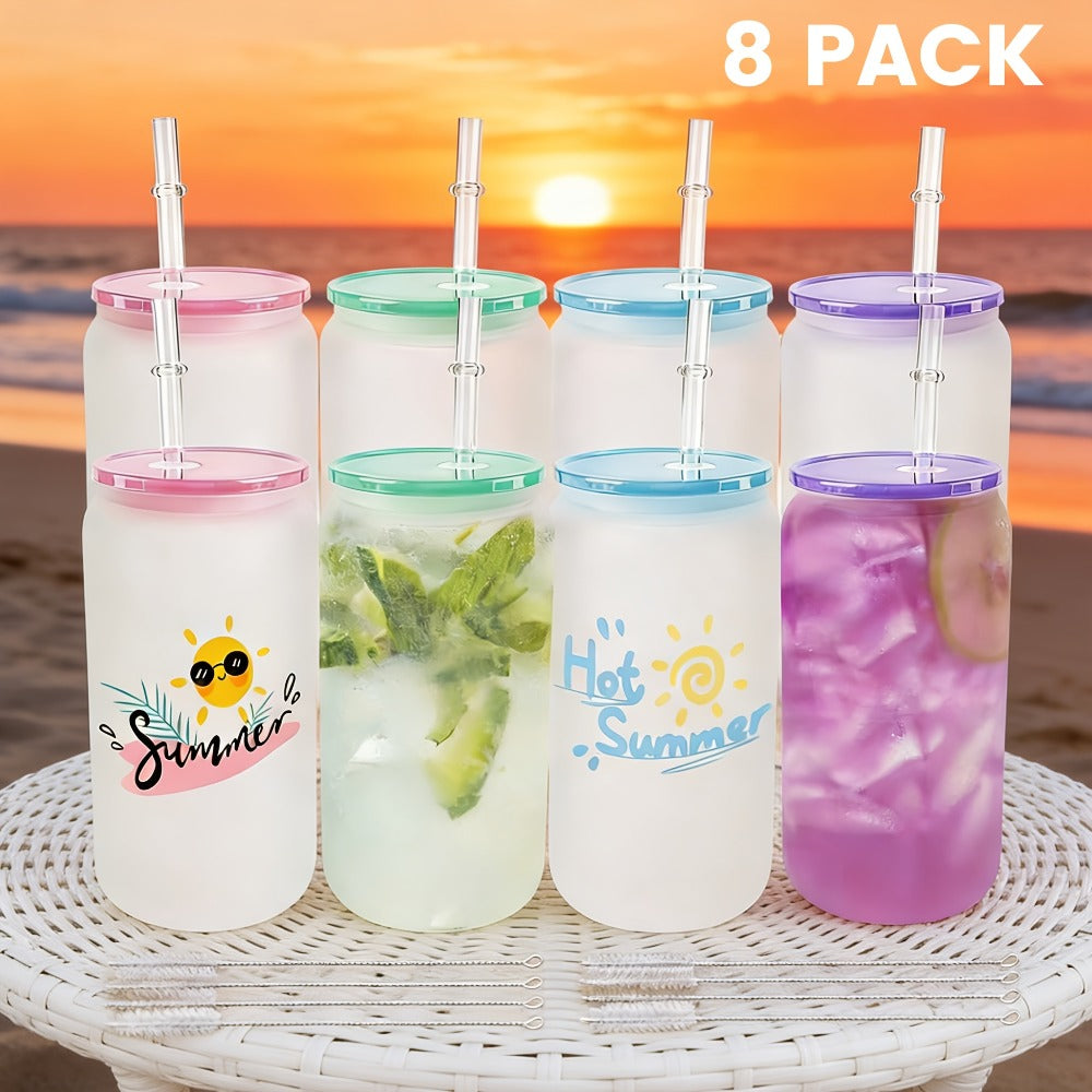 Frosted Sublimation Glass Tumblers 16oz Borosilicate Can Cups with Acrylic Lids ¨C Set of 8 or 12 for Juice, Soda & Iced Coffee