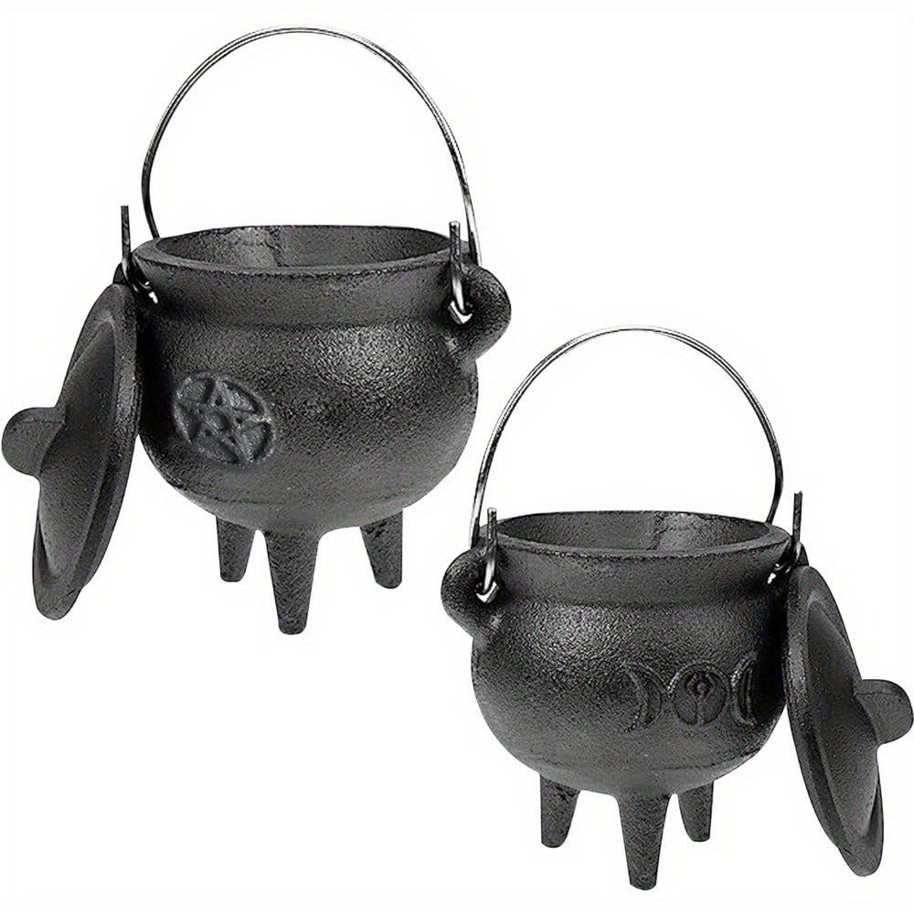 Cast Iron Cauldron with Lid & Handle ¨C Witchcraft Incense Burner, Spell Ritual Pot, Halloween Decor, Pentagram & Triple Moon Styles, Pagan Altar Cauldron