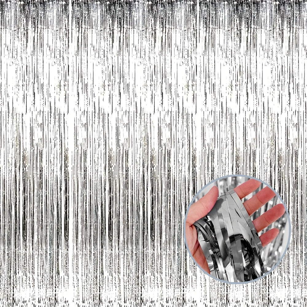 Tinsel Foil Backdrop 6 Packs Metallic Glitter Tassel Curtain ¨C Silver Laser Rain Streamer for Party Photo Booth Birthday Wedding Holiday Doorway Decoration