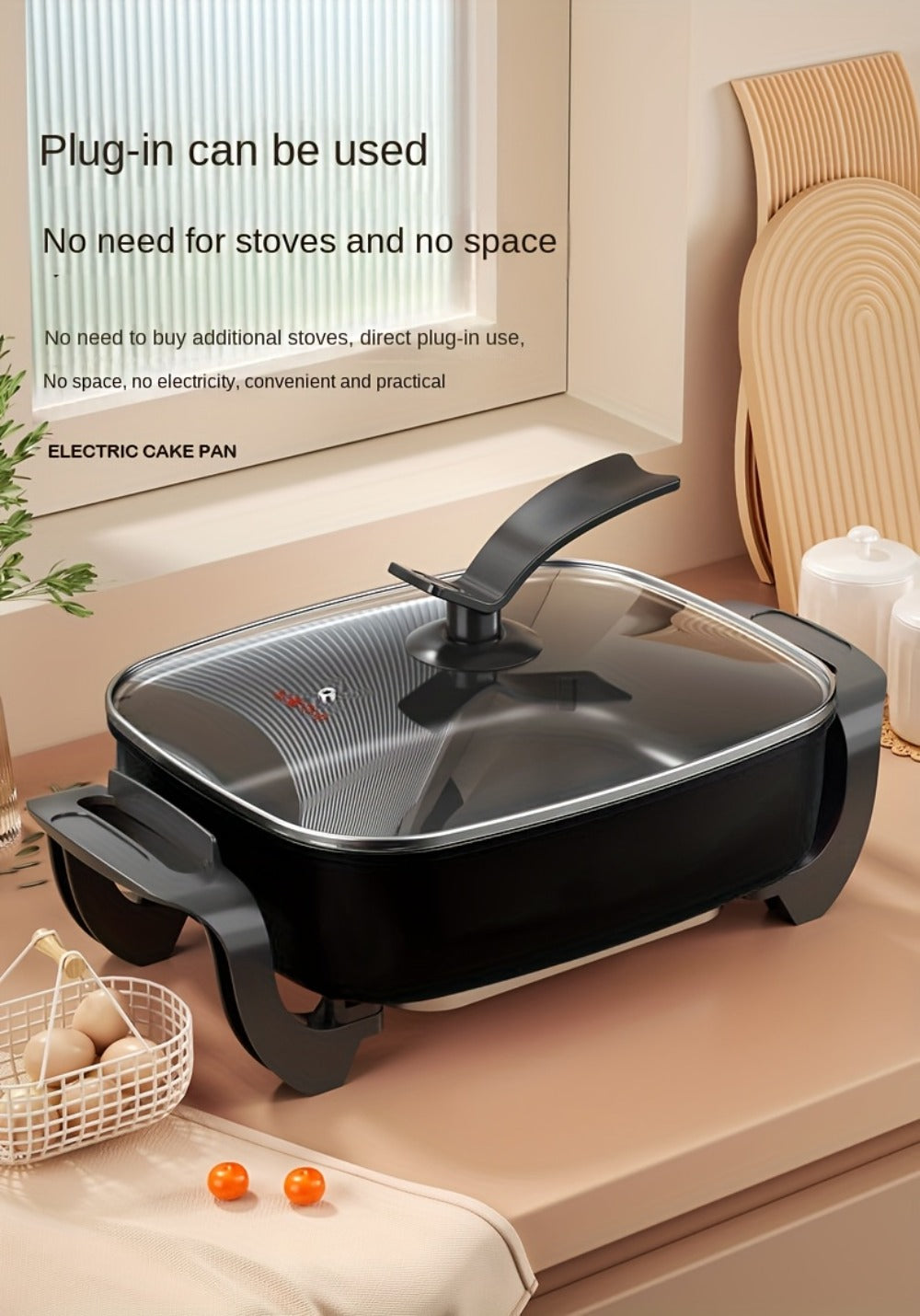 Electric Ceramic Non-Stick Pot 12x12 Inch 1500W Square Skillet with Glass Lid Adjustable Temperature Frying Baking Steaming Boiling Easy Clean Home Kitchen Cookware