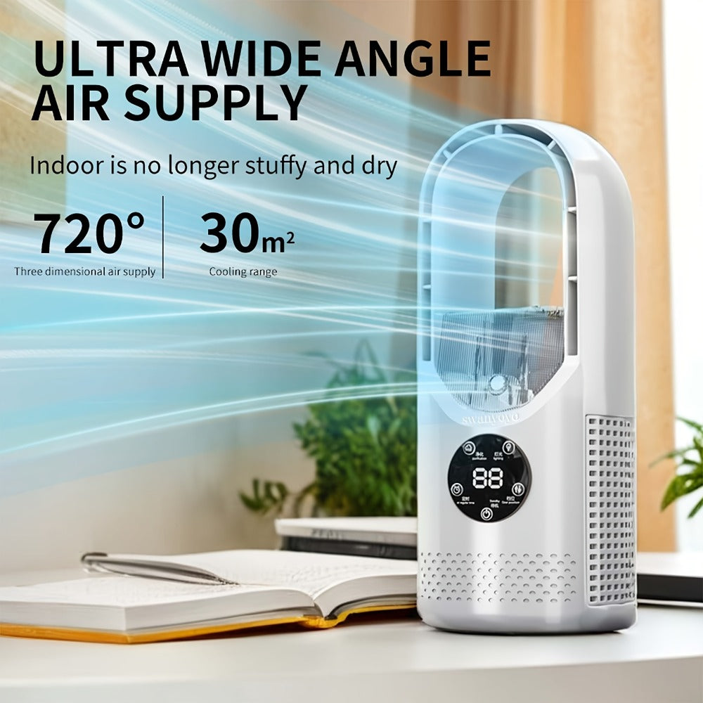 Portable Bladeless Fan USB Tower Fan, Desktop Air Conditioner Fan with Water Mist Cooling, Remote Control, Touch Screen, 7-Color LED Ambient Light and Timer, Personal Cooling Fan for Office, Travel, Camping, Home