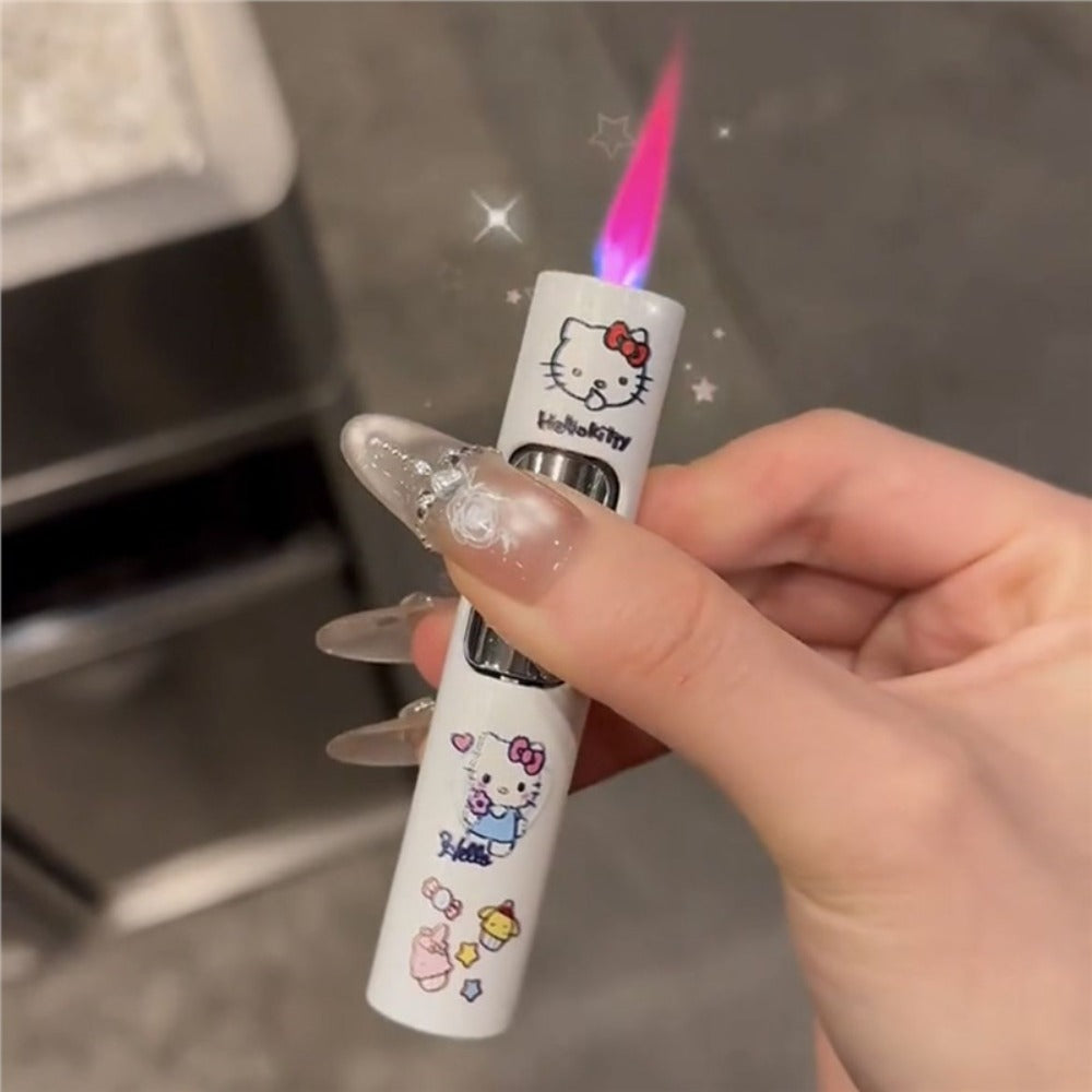 Kawaii Windproof Lighter Sanrio Kuromi Hello Kitty Pink Flame Cylindrical Lighter Luminous White Press Ignition Creative Gift Cute Cartoon