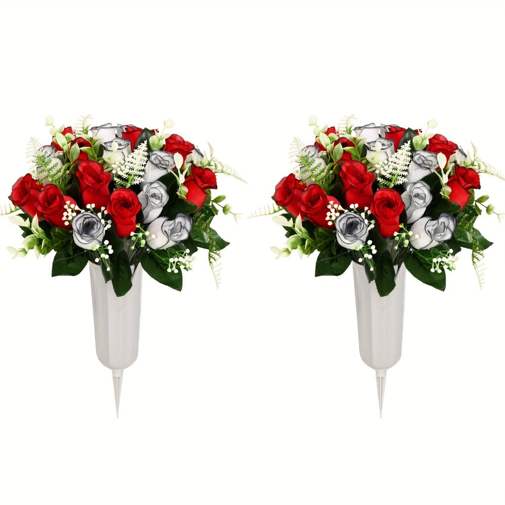 Artificial Cemetery Flowers for Grave with Saddle, Silk Rose Bouquet Headstone Decoration, Memorial Day Grave Flowers, Outdoor Grave Marker Floral Arrangement, 1/2/3 PCS
