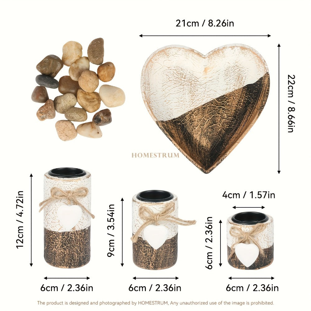 Wooden Candle Holder Set of 4 ¨C Love Heart Tray, Tea Light Holder, Knot Bow Decoration & Decorative Stone Bowl for Home Decor, Valentine's Day, Christmas & Easter Gift
