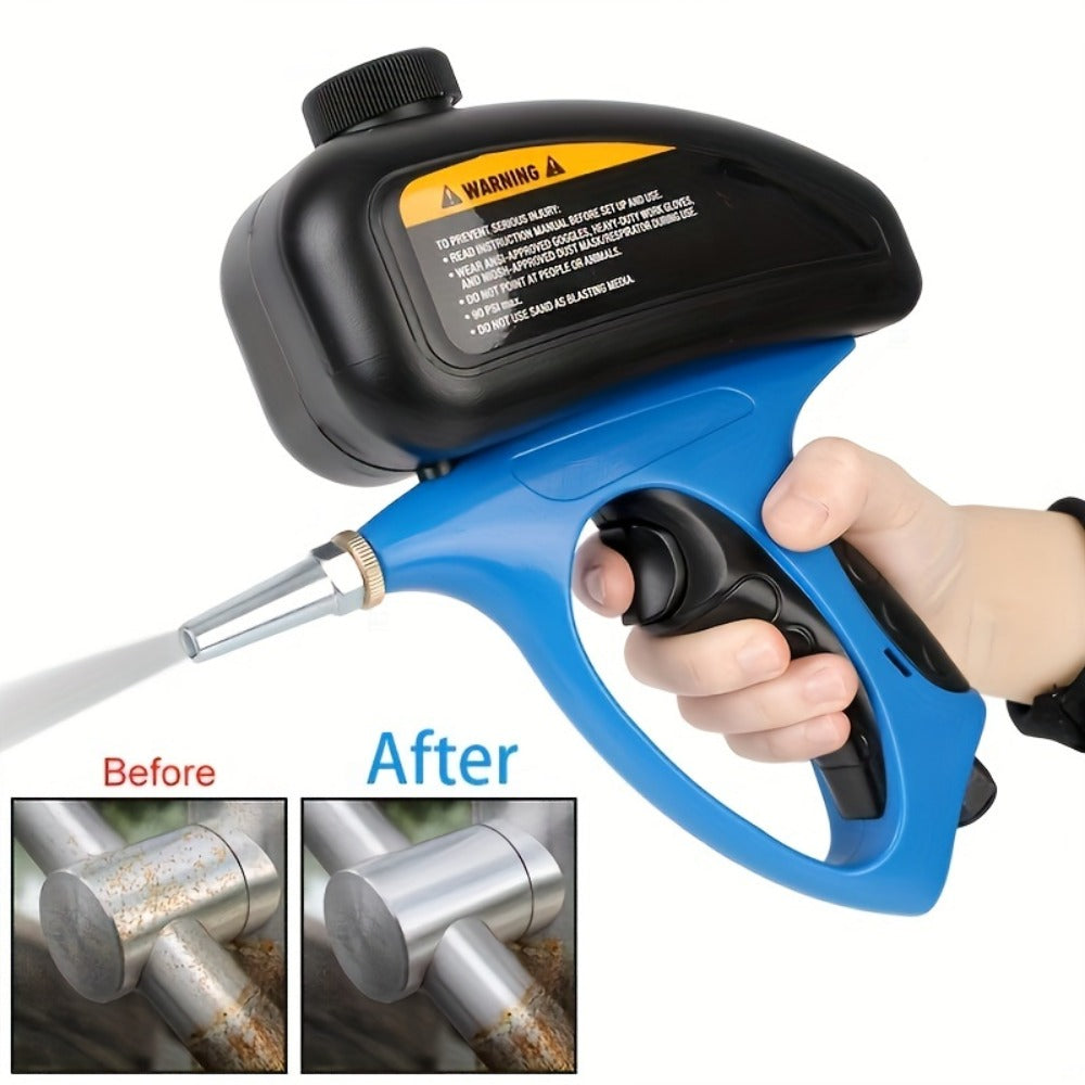 Sandblaster Gun for Air Compressor Pneumatic Abrasive Blasting ¨C 90 PSI Max, 500ml Tank, Small Nozzle, for Metal Rust Removal, Glass Etching, Polishing & Auto Repair ¨C Blue, Red & Yellow
