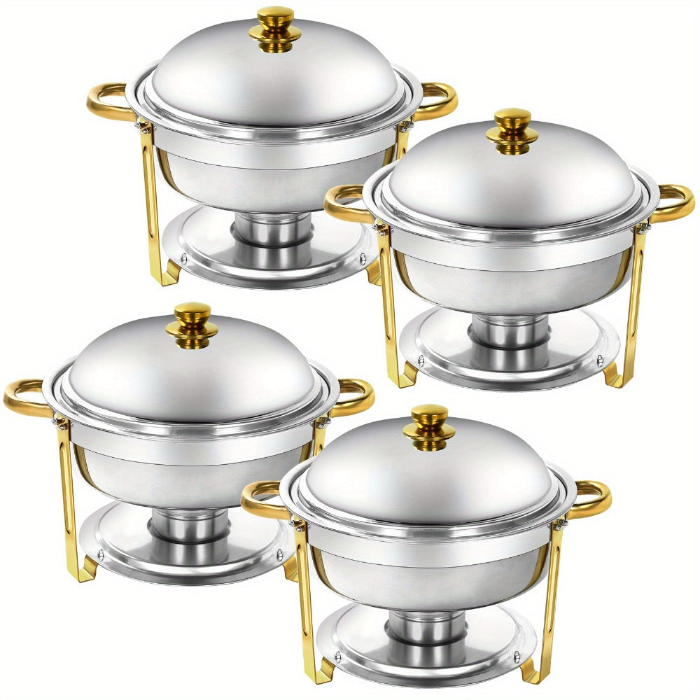 Golden Chafing Dish Buffet Set with Glass Lid 6QT Round Stainless Steel Food Warmer Chafer for Catering Party Dinners Weddings, Titanium Gold Finish, 2 & 4 Pack