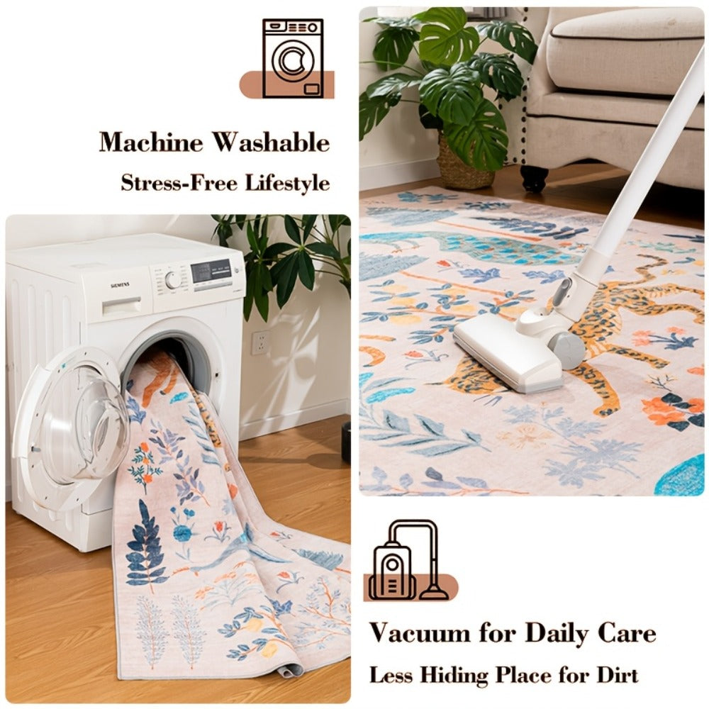 Area Rug 8x10 Ft Soft Non-Slip Machine Washable Large Floor Rug with Floral Forest Animal Patterns for Living Room Bedroom Home Decor ¨C Durable Easy Clean Indoor Carpet