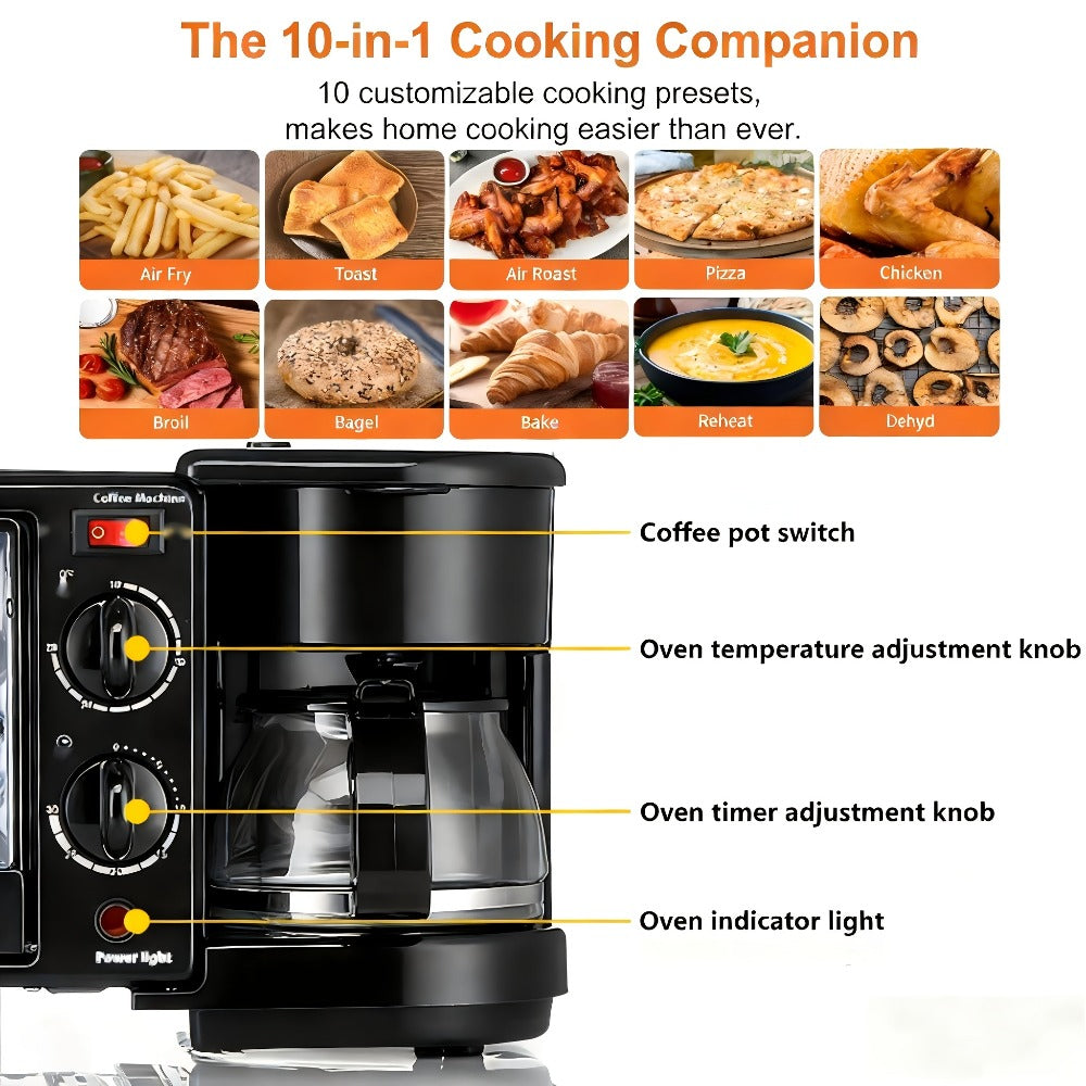 3-in-1 Breakfast Maker Station ¨C Fry Eggs, Toast Bread & Brew Coffee All at Once, Non-Stick Coating, Auto Power-Off Safety Timer, One-Click Operation for Fast Morning Meals