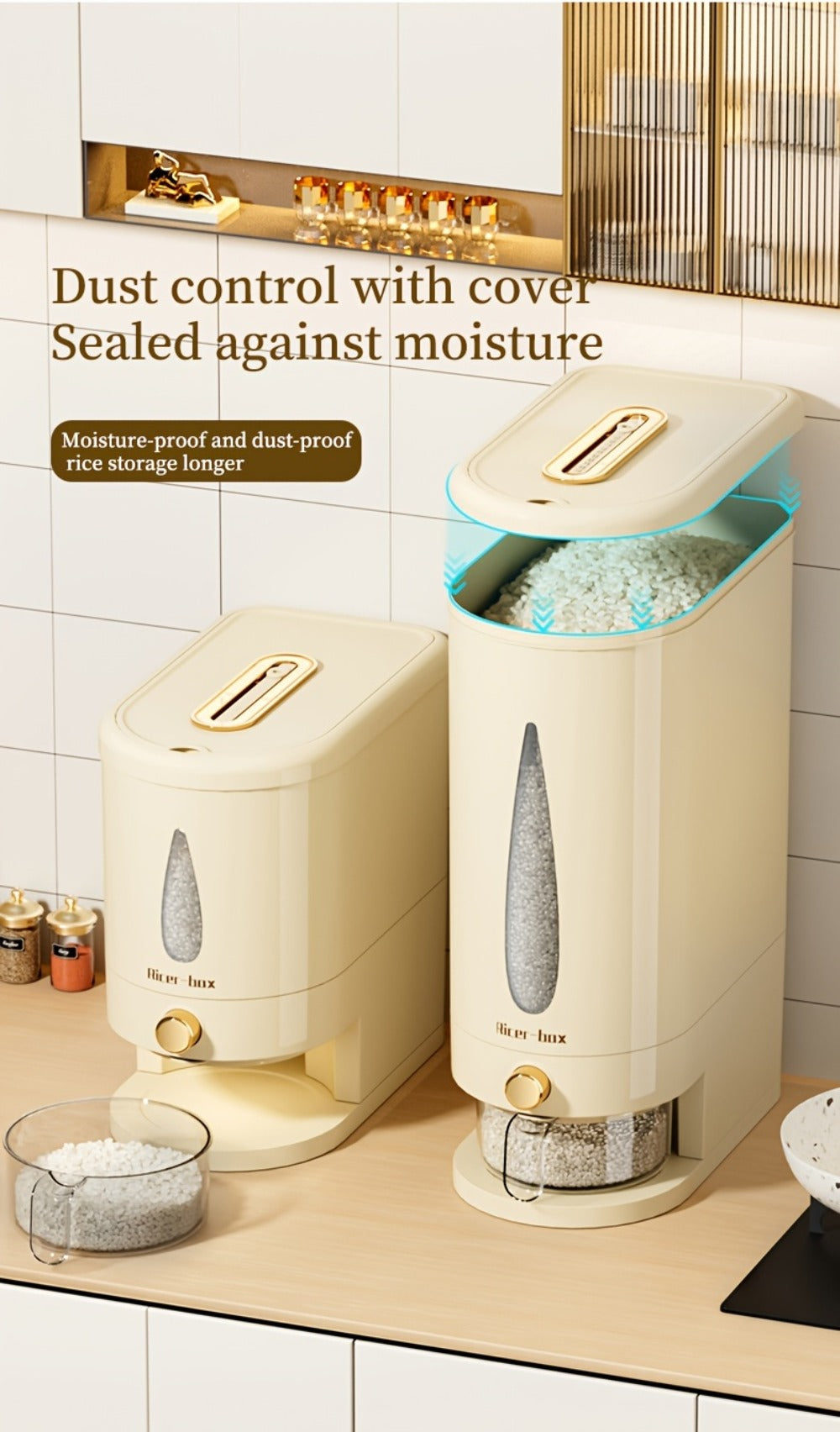 Rice Dispenser Storage Container Press Type Measuring Cup Moisture-Proof Sealed Grain Bin - Large Capacity Airtight Rice Storage Box for Rice Coffee Beans Flour Legumes Pet Food Kitchen Pantry Organizer