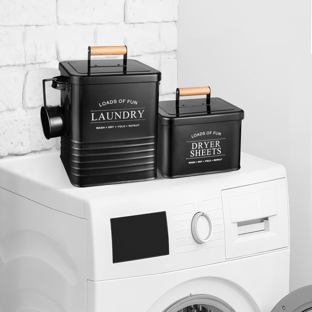 Laundry Pod Container & Dryer Sheet Holder Set with Scoop ¨C Metal Farmhouse Laundry Room Organizer, Detergent Dispenser & Soap Storage