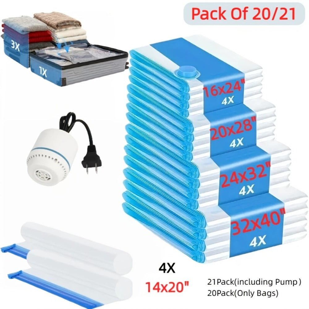 Vacuum Storage Bags with Air Pump, 20-21 Pack Reusable Compression Bags for Clothes, Quilts & Blankets ¡ª 4 Sizes Space-Saving Storage for Travel, Moving & Organizing | Transparent