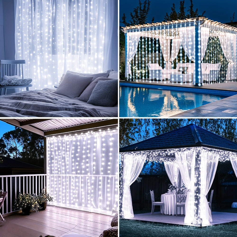 Solar String Lights Outdoor 300 LED Waterfall Fairy Lights, USB Rechargeable with Remote Control, Twinkling Warm White Color White, for Patio Gazebo Garden Backyard Tree Wedding Party Decoration