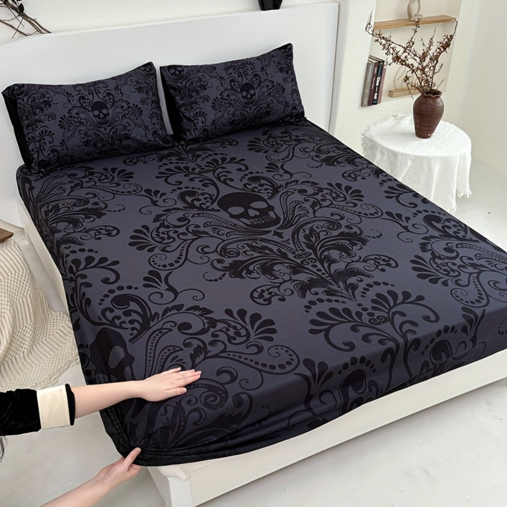 Gothic Skull Fitted Sheet Set 3-Piece ¨C Victorian Baroque Halloween Bedding | 1 Deep Pocket Fitted Sheet + 2 Pillowcases | Machine Washable Hypoallergenic Polyester | Twin Full Queen King