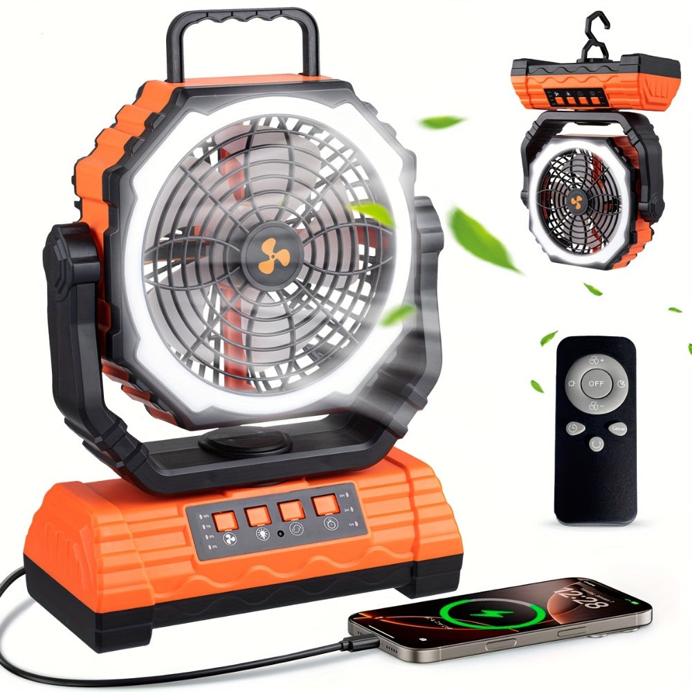 Camping Fan 20000mAh Battery Powered with 4 LED Lantern - Dual Motor 4-Speed Portable Outdoor Fan with Hook & Remote Control | Desktop Fan for Tent, Power Outage & Construction Site